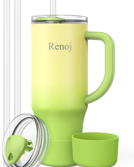 Renoj Tumbler with Handle 100% Spill Resistant Insulated Water Bottle for Iced Coffee & Hot Drinks - Fits Car Cup Holder, Ideal Gift, 2 Straws & Silicone Boot BPA-Free - FlexSlide Green Gradient 40 oz