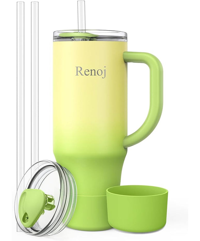 Renoj Tumbler with Handle 100% Spill Resistant Insulated Water Bottle for Iced Coffee & Hot Drinks - Fits Car Cup Holder, Ideal Gift, 2 Straws & Silicone Boot BPA-Free - FlexSlide Green Gradient 32 oz