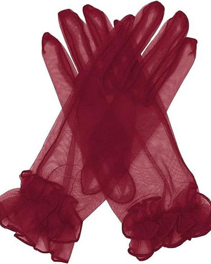 Women's Summer Tulle Gloves Pleated Ruffle Full Finger Wrist Length Opera Party Gloves