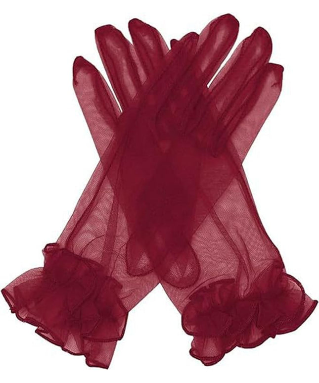 Women's Summer Tulle Gloves Pleated Ruffle Full Finger Wrist Length Opera Party Gloves