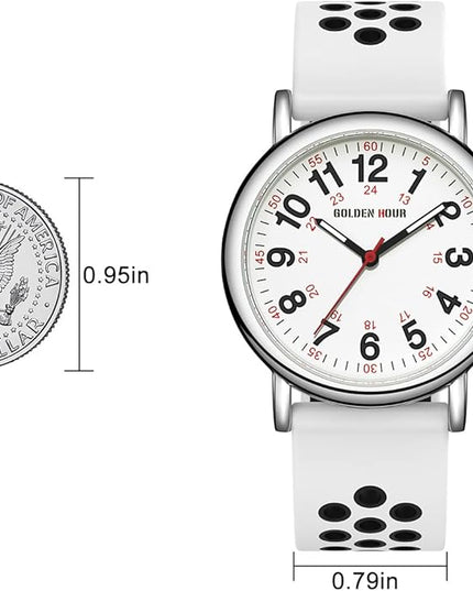 GOLDEN HOUR Waterproof Nurse Watch for Medical Professionals, Students Women Men - Military Time Luminouse Easy Read Dial, 24 Hour with Second Hand, Colorful Silicone Band