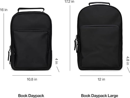 RAINS Book Daypack Regular Black Laptop Backpack for Men and Women, Waterproof Black Minimalist Commuter Bag with 15”-16"