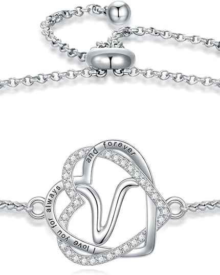 TOUPOP Gifts for Women Heart Initial Bracelet 925 Sterling Silver Double Heart Bracelet Birthday Jewelry Birthday Christmas Gifts for Her Wife Girlfriend