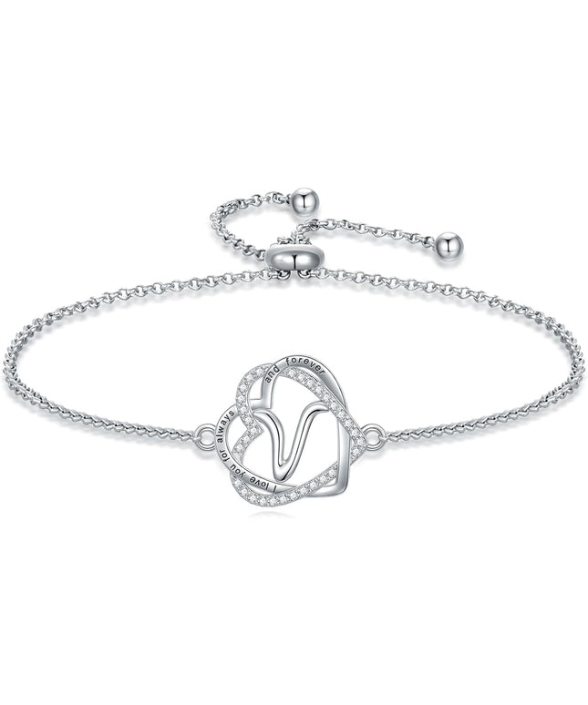 TOUPOP Gifts for Women Heart Initial Bracelet 925 Sterling Silver Double Heart Bracelet Birthday Jewelry Birthday Christmas Gifts for Her Wife Girlfriend