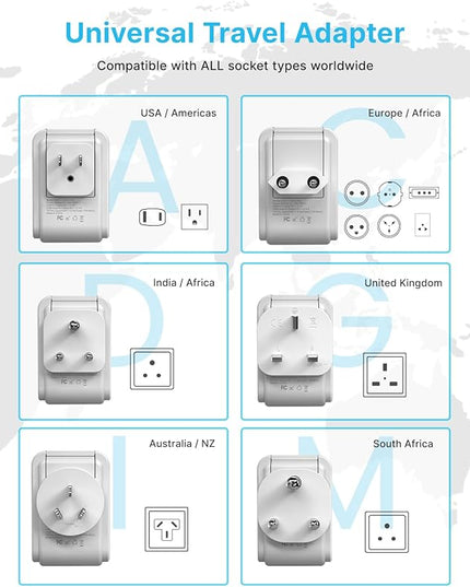VINTAR Universal Travel Adapter Kit, International Power Adapter with 3 USB Ports (2 USB C) 4 AC Outlets, Type A,C,G,D,I,M Detachable Attachments, Travel Adapter Worldwide for US/EU/UK/India/Africa