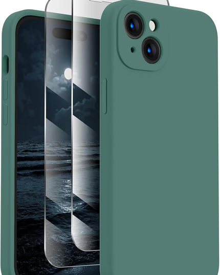 FireNova Designed for iPhone 15 Plus Case, Silicone [Camera Protection] Case with [2 Screen Protectors], Soft Anti-Scratch Microfiber Lining Inside, 6.7 inch, Midnight Green
