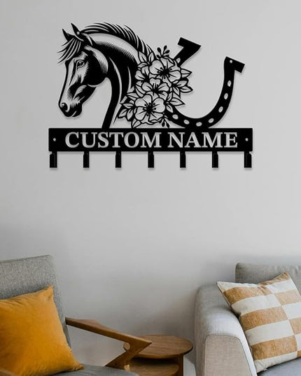 Personalized Custom Name Farm Horse Wall Key Hooks,Metal Horse Art Clothes Hooks,Metal Horse Wall Home Storage Decorative,For Front Door, Hallway, Kitchen, Bedroom,Keys,Hats (Style H)