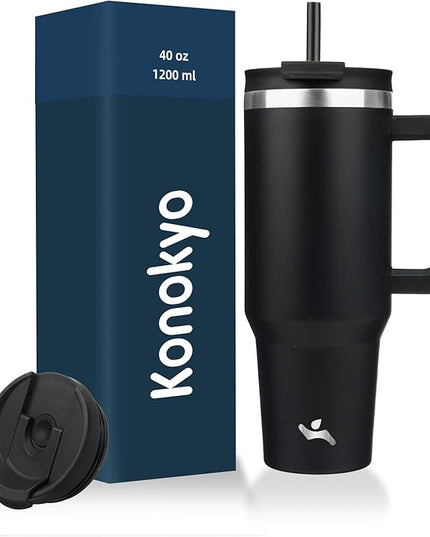 40 oz Tumbler with Handle and 2 Straws,2 in 1 Lid Insulated Water Bottle Stainless Steel Travel Coffee Mug,Black