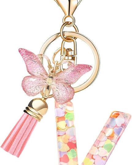 Fashion Alphabet Initial Letter Keychain Tassel Butterfly Pendant Key Ring for Purse Handbags Women Girl