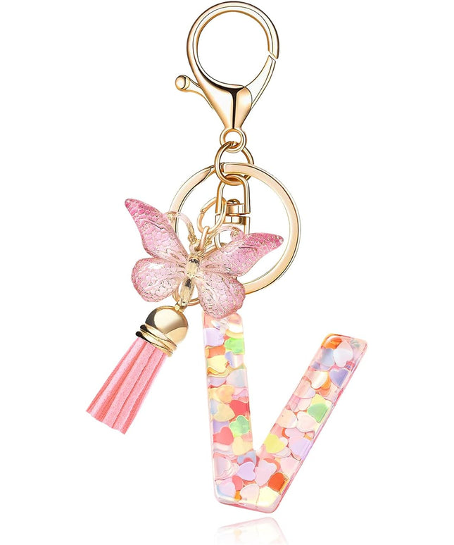 Fashion Alphabet Initial Letter Keychain Tassel Butterfly Pendant Key Ring for Purse Handbags Women Girl