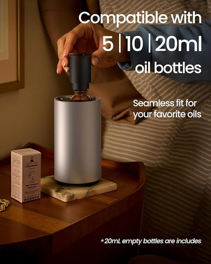 Waterless Essential Oil Diffuser, Rechargeable Scent Diffusers with 3 Mist Levels & Timers, Portable Aromatherapy Diffuser for Home Car Room Studio Office, Silver Metal
