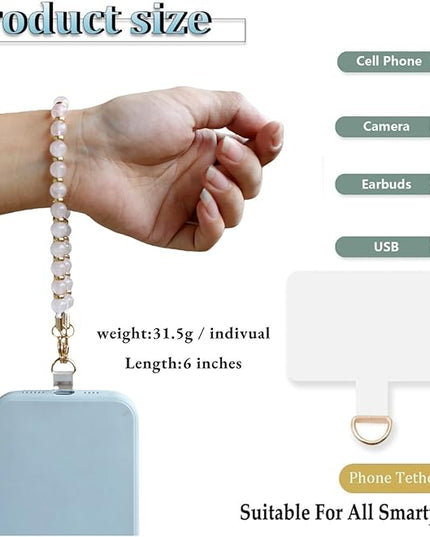 Marble Beaded Phone Wrist Strap,Detachable Phone Bracelet Strap with Tether Tab,Hands-Free Wristlet Strap (White crystal)