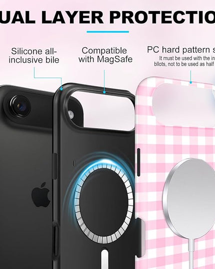 Magnetic for iPhone 17 Air Case Cute Checkered Stripes Phone Case for Women Girls, Shockproof Slim TPU and Hard PC Protective Phone Cover Compatible with MagSafe Designed, Pink