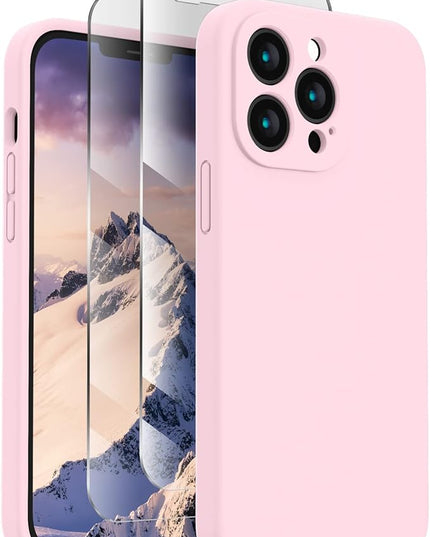 FireNova Designed for iPhone 13 Pro Max Case, Silicone [Camera Protection] Phone Case with [2 Screen Protectors], Soft Anti-Scratch Microfiber Lining Inside, 6.7 inch, Chalk Pink