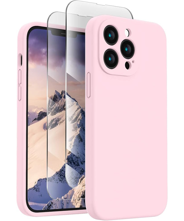 FireNova Designed for iPhone 13 Pro Max Case, Silicone [Camera Protection] Phone Case with [2 Screen Protectors], Soft Anti-Scratch Microfiber Lining Inside, 6.7 inch, Chalk Pink