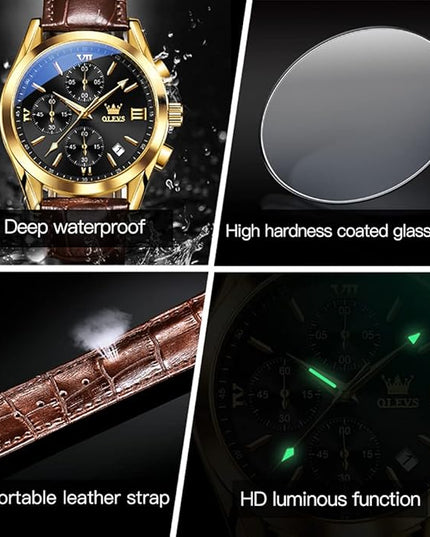 OLEVS Men's Chronograph Leather Watch, Big Face Easy to Read Analog Quartz Dress Watch, Casual Waterproof Luminous Hands Date Watches for Men, White/Blue/Black/Gold Dial