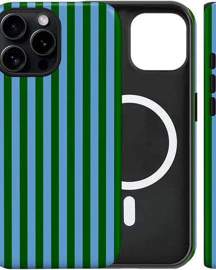 Magnetic for iPhone 13/14 Case Cute Stripes Phone Case, Shockproof Slim TPU and Hard PC Protective Phone Cover Compatible with MagSafe Designed for Women Girls, Green and Blue