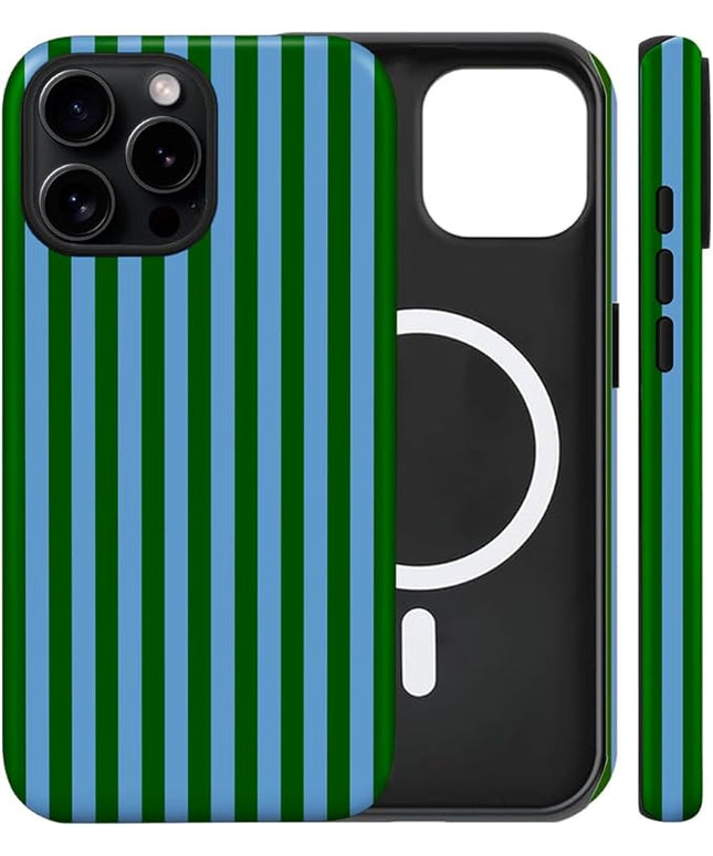 Magnetic for iPhone 13 Pro Case Cute Stripes Phone Case, Shockproof Slim TPU and Hard PC Protective Phone Cover Compatible with MagSafe Designed for Women Girls, Green and Blue