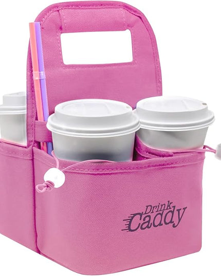 Drink Caddy Portable Drink Carrier and Reusable Coffee Cup Holder - 4 Cup Collapsible Tote Bag with Organizer Pockets Safely Secures Hot and Cold Beverages (Pink)