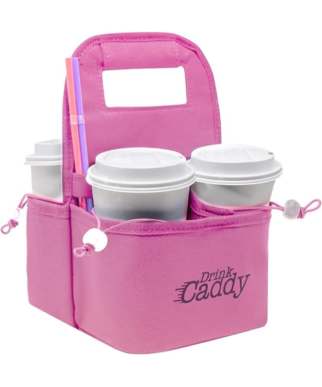 Drink Caddy Portable Drink Carrier and Reusable Coffee Cup Holder - 4 Cup Collapsible Tote Bag with Organizer Pockets Safely Secures Hot and Cold Beverages (Pink)
