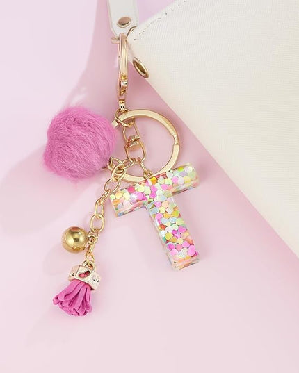 Resin Alphabet Initial Letter Keychain Keyring for Women Purse Handbags With Fur Ball Pom