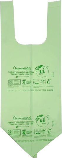 UNNI Compostable T-Shirt Bags with Tie Handles, 13 Gallon / 49.2 Liter, 30 Count, 0.87 mil Tall Kitchen Compost Liners, Certified by BPI, CMA & OK compost HOME, Meets ASTM D6400