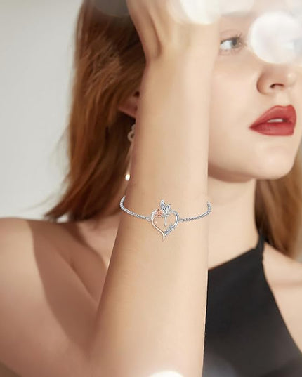 TOUPOP Gifts for Women Rose Heart Initial Bracelet 925 Sterling Silver Butterfly Letter Link Bracelet Love Jewelry Valentines Day Birthday Gifts for Her Wife Girlfriend Mom