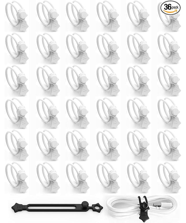 36-Pack Silicone Cable Ties, Reusable Cord Organizer Straps With 2 Binding Methos, Durable & Stretchable Wire Management for Home, Office, Travel (White)