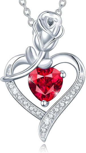 AGVANA Christmas Gifts Rosy Reverie Birthstone Necklace for Women Sterling Silver Genuine or Created Gemstone Rose Flower Heart Pendant Necklace Anniversary Birthday Gifts for Women Mom Wife Her