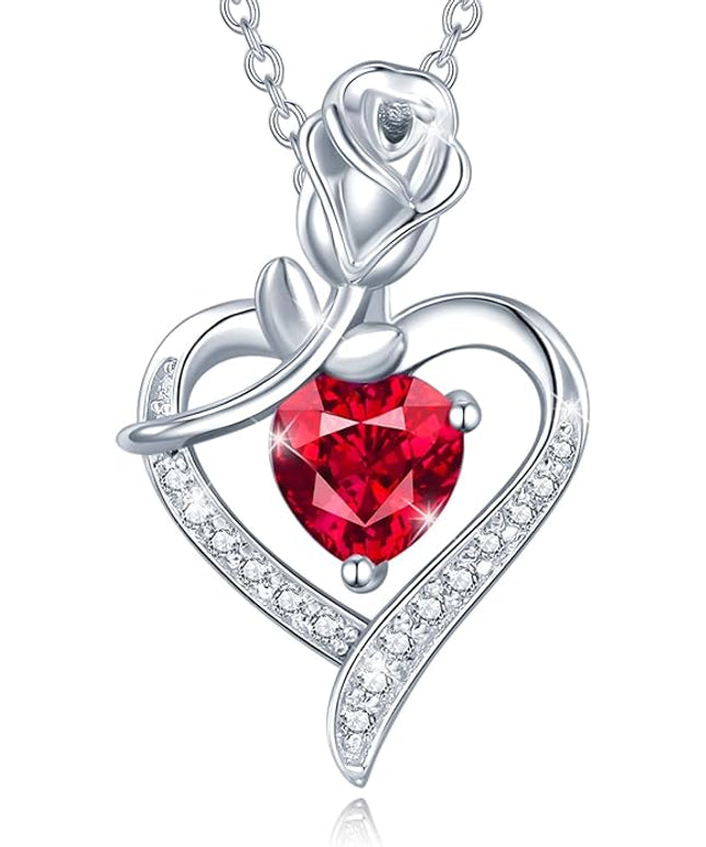 AGVANA Christmas Gifts Rosy Reverie Birthstone Necklace for Women Sterling Silver Genuine or Created Gemstone Rose Flower Heart Pendant Necklace Anniversary Birthday Gifts for Women Mom Wife Her