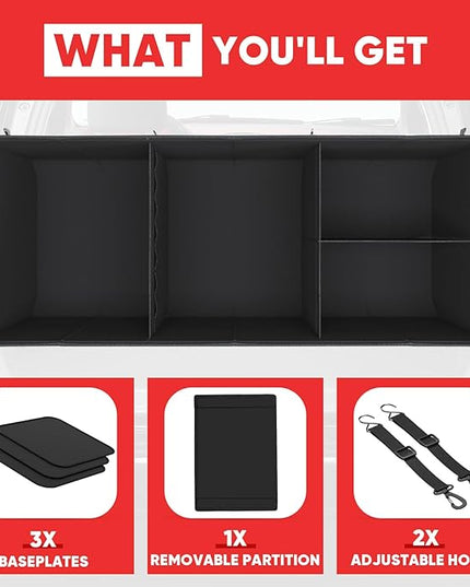 Simniam Large Trunk Organizer for Car, Foldable Multi Compartment Car Trunk Organizer with 2 Retractable Straps, Suitable for All Kinds of Cars, SUV, Minivan - 4 Compartments Red