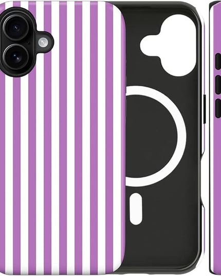 Magnetic for iPhone 16 Case Cute Stripes Phone Case, Shockproof Slim TPU and Hard PC Protective Phone Cover Compatible with MagSafe Designed for Women Girls, Purple
