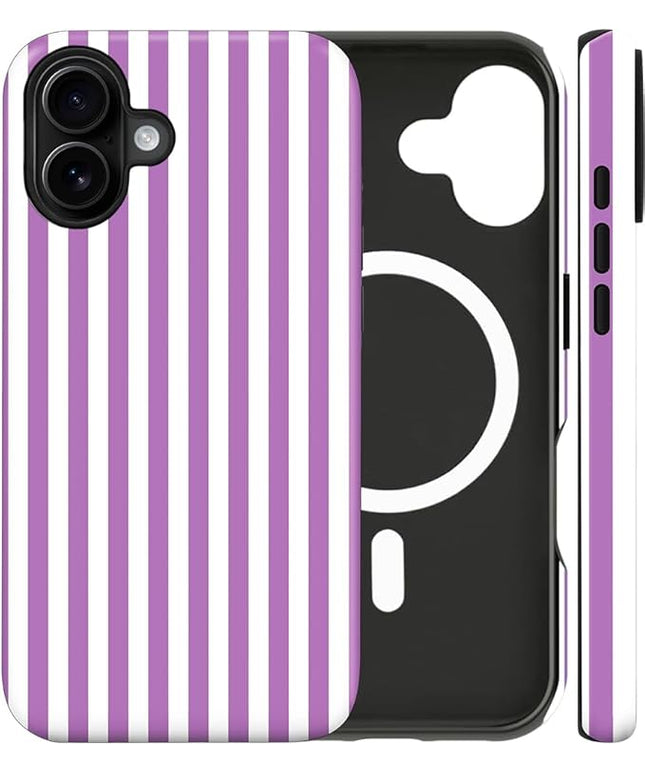 Magnetic for iPhone 17 Case Cute Stripes Phone Case, Shockproof Slim TPU and Hard PC Protective Phone Cover Compatible with MagSafe Designed for Women Girls, Purple