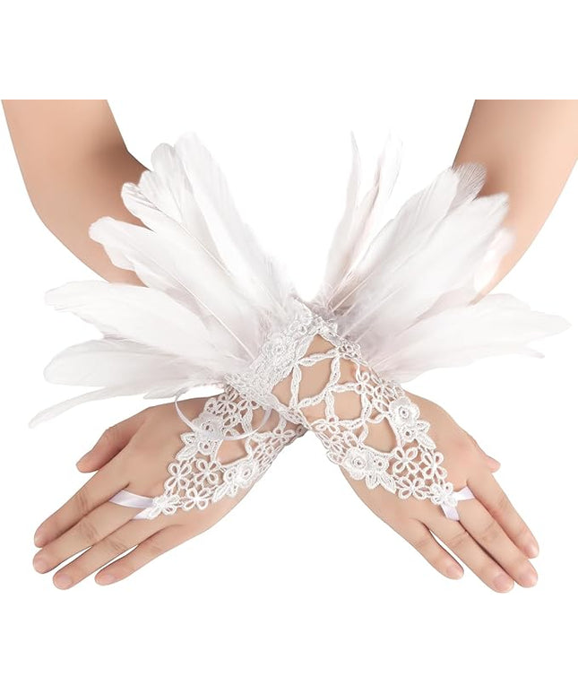 HOMELEX Women Black Lace Feather Gloves Witch Angel Costume Accessories Swan Wings Wrist Bands