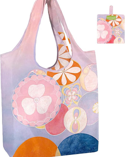 BeeGreen Oil Painting Aesthetic Tote Bag - Large Reusable Grocery Bag, Polyester Grocery Bags Gifts for Women,Foldable, Washable, Packable with Handles & Pouch for Shopping, Beach, Work, Summer