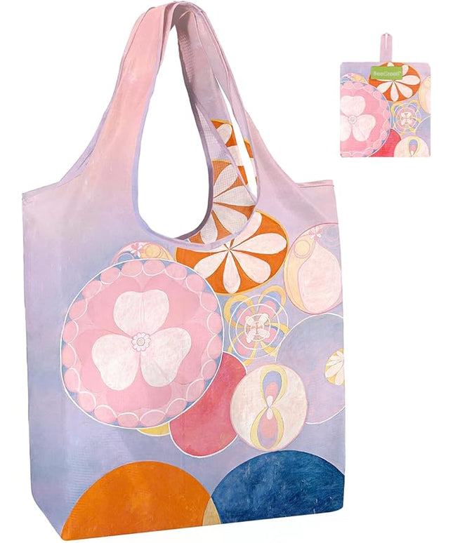 BeeGreen Oil Painting Aesthetic Tote Bag - Large Reusable Grocery Bag, Polyester Grocery Bags Gifts for Women,Foldable, Washable, Packable with Handles & Pouch for Shopping, Beach, Work, Summer
