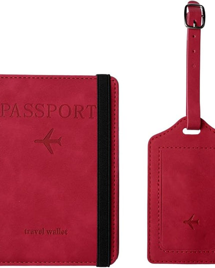 Luggage Tag and Passport Holder Set,Passport Cover with Card Slot and Boarding Pass Slot Combo,Passport Travel Must Have, Waterproof and Scratch Resistant Travel Accessories（Red）