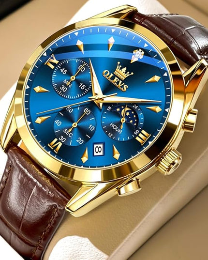 OLEVS Men's Watches Leather Strap Analog Quartz Watch, Fashion Big Dial Date Waterproof Watch, Dress Luxury Luminous Men Watches