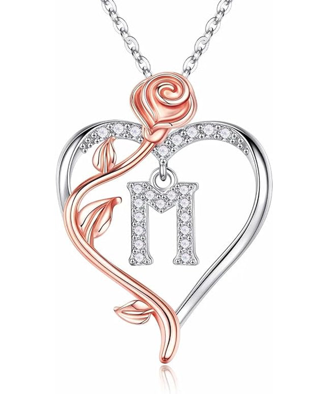 Iefil Christmas Gifts for Women Wife - 925 Sterling Silver Rose Heart Initial Necklace, Anniversary Birthday Gifts for Women, Jewelry Gift for Her Wife Girlfriend Mom Daughter