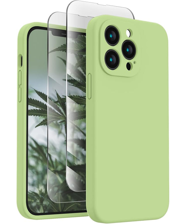 FireNova Designed for iPhone 13 Pro Max Case, Silicone [Camera Protection] Phone Case with [2 Screen Protectors], Soft Anti-Scratch Microfiber Lining Inside, 6.7 inch, Tea Green