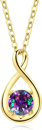 FANCIME 14K Solid Gold Birthstone Pendant with Sterling Silver Chain Infinity Gemstone Necklace Fine Jewelry Anniversary Birthday Christmas Gifts for Women Wife Her
