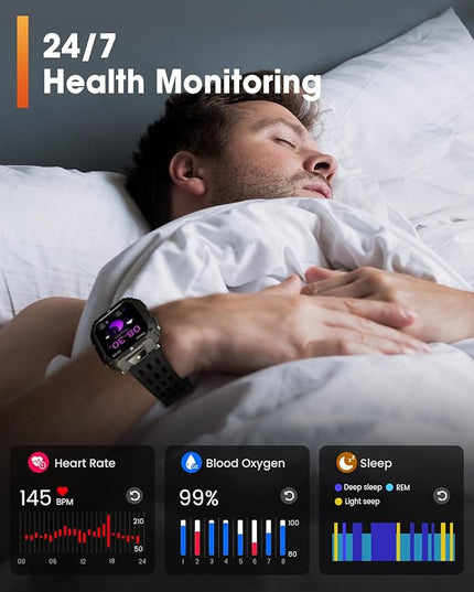 Smart Watches for Men, 1.95'' Fitness Watch: Military Smart Watch with 100 Days Battery Life/Call/Flashlight, Waterproof Sport Smartwatch for Android iPhone Sleep/SpO2/Heart Rate Monitor/Step Tracker