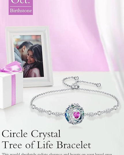 TOUPOP Tree of Life Birthstone Bracelet 925 Sterling Silver Family Tree Austrian Crystal Jewelry Anniversary Birthday Christmas Gifts for Women Wife Girlfriend Her