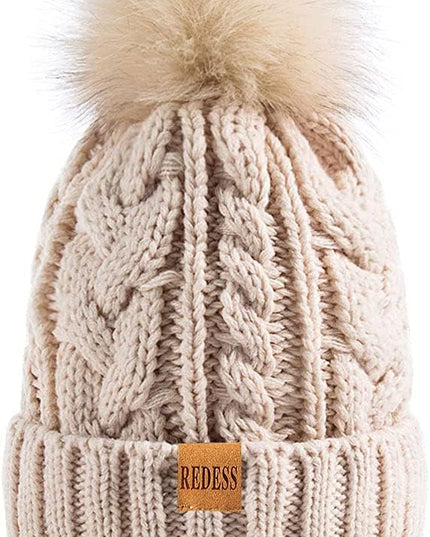 REDESS Women Winter Pompom Beanie Hat with Warm Fleece Lined, Thick Slouchy Snow Knit Skull Ski Cap