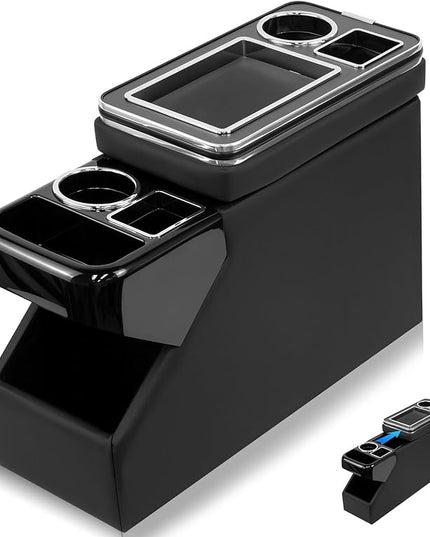 Center Console Between Seat Organizer for Minivans, SUVs, with Key Holder & Cup Holders ,phone storage for Minivan &SUVs, Middle Van Floor Console Organizer Storage Box- Black