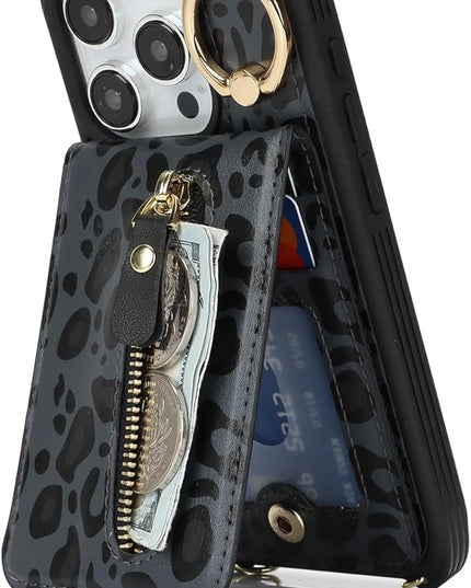 for iPhone 15 Pro Wallet Case with Card Holder, for iPhone 15 Pro Case Wallet with Strap Credit Card Slot, Crossbody Bag with Zipper Case for iPhone15 Pro - Black Leopard