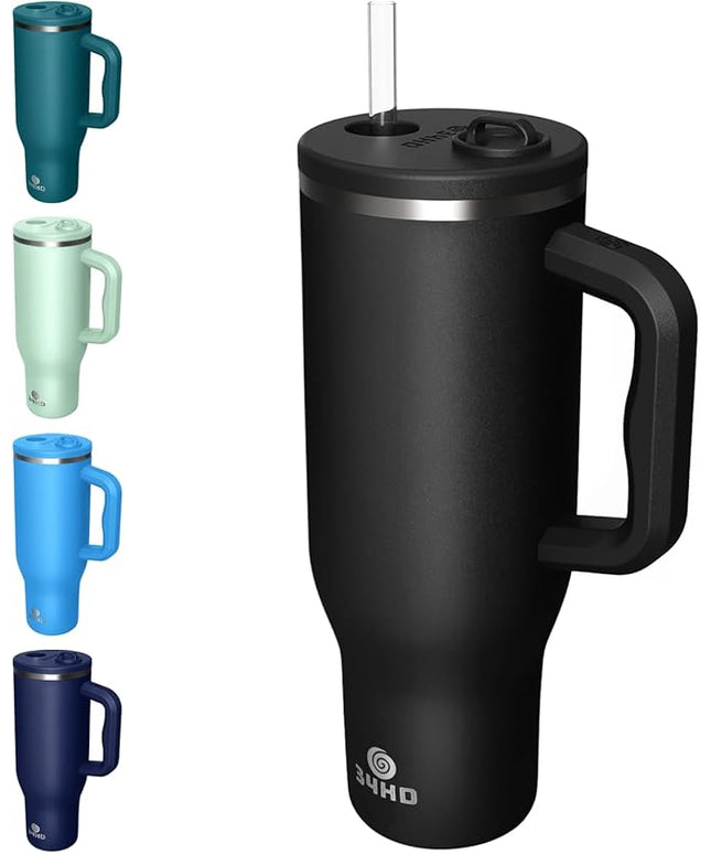 34HD 40 oz Stainless Steel Tumbler - Leakproof Insulated Water Bottle with Handle, Magnetic Lid and Flexible Straw - Iced for 48 Hours – Perfect for Men, Women, Birthday Gift, Black - Midnight Onyx