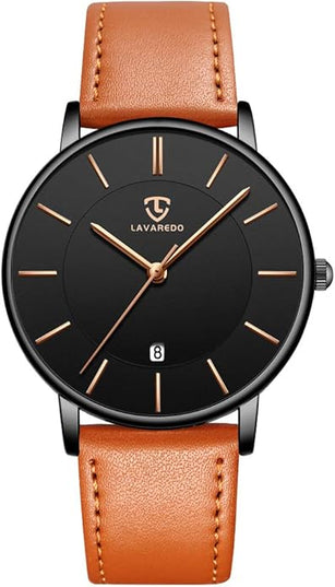 L LAVAREDO Watch for Men, Extremely Thin Mens Watches Minimalist Analog Men's Leather Wrist Watches with Time/Date, Birthday Gift for Men Boyfriend