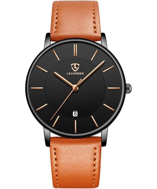 L LAVAREDO Watch for Men, Extremely Thin Mens Watches Minimalist Analog Men's Leather Wrist Watches with Time/Date, Birthday Gift for Men Boyfriend