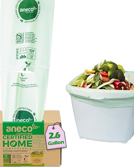 ANECO 100% Compostable Waste Bags 2.6 Gallon (Flat Top Bags, 50 Count) Extra Strong Kitchen Small Compost Bags for Countertop Bin (BPI & OK Compost HOME Certified)